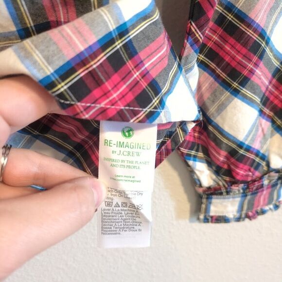 J Crew BM029 NWT Size XXS White Tartan Plaid Cotton-Blend Ruffle-Neck Top - Picture 4 of 9